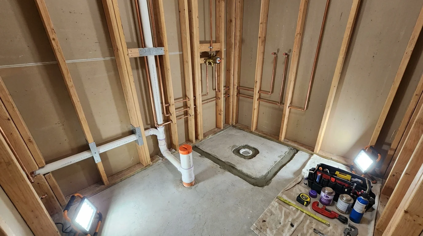 Bathroom rough-in plumbing during remodel by Johns Plumbing LLC in Medicine Lodge