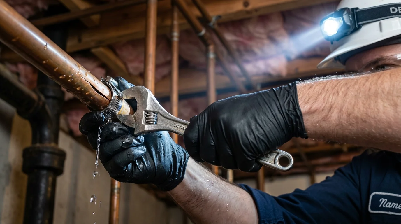Emergency pipe clamp repair being performed by a Johns Plumbing LLC plumber in Medicine Lodge