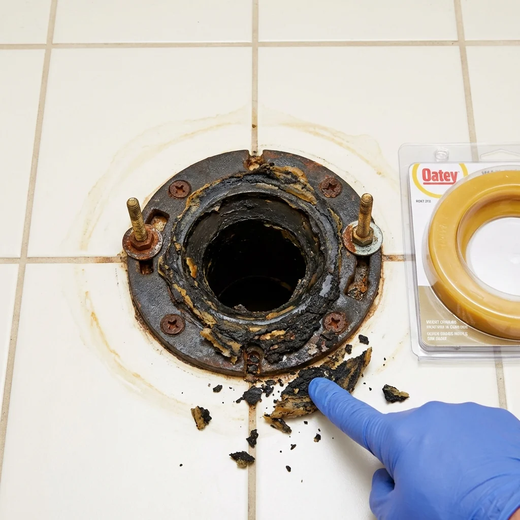 Failed wax ring showing water seepage at the base of a toilet in a Medicine Lodge, KS home