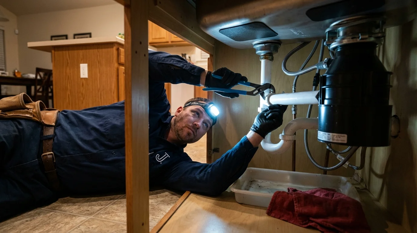 P-trap and supply line connections under a kitchen sink showing a common leak point in Medicine Lodge, KS